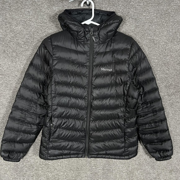 Marmot 700 Fill Jacket Mens Medium Black Hooded Down Puffer Quilted Ski
